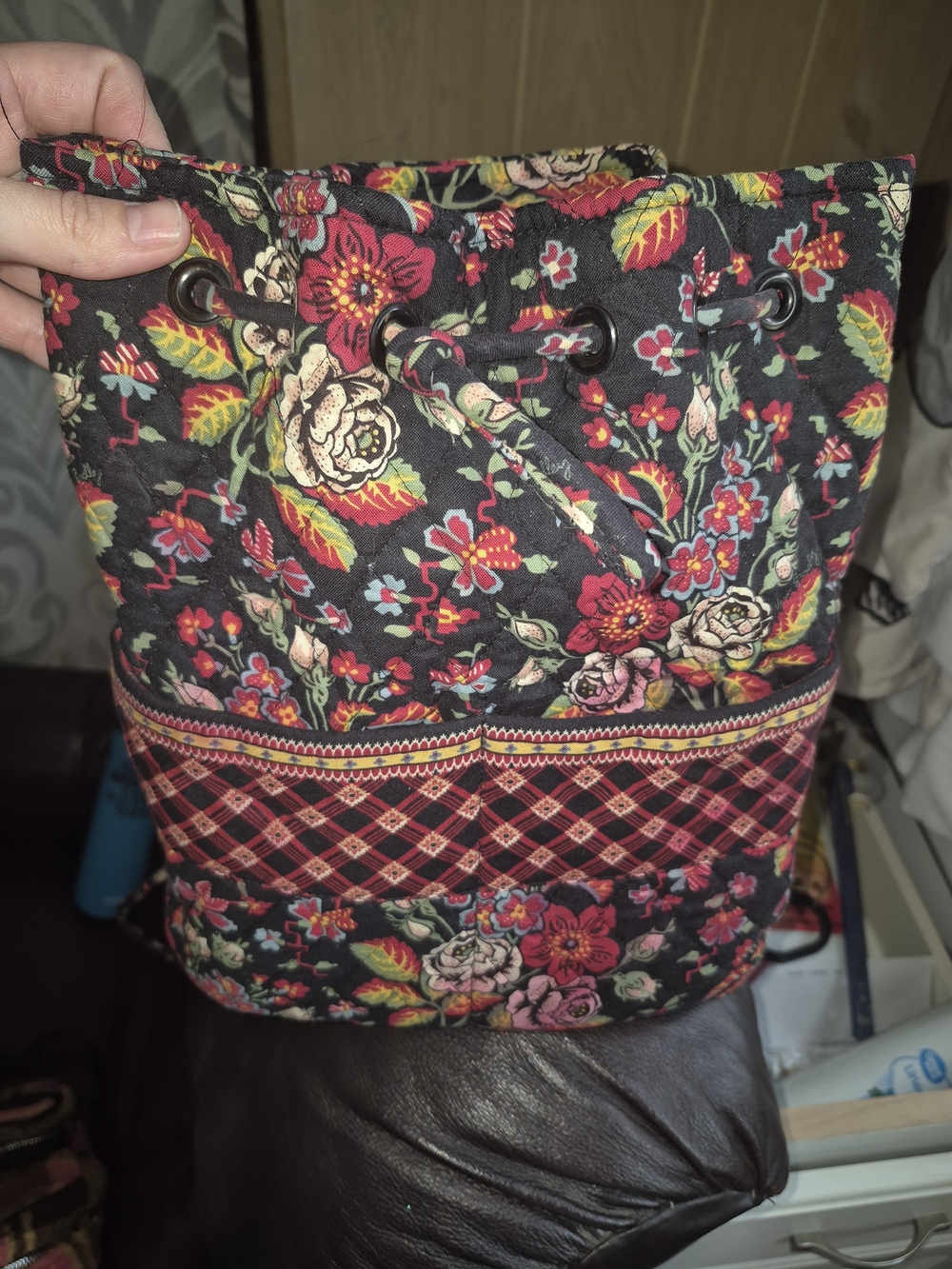 Vera Bradley Black Floral Quilted Drawstring Backpack with Red Accents